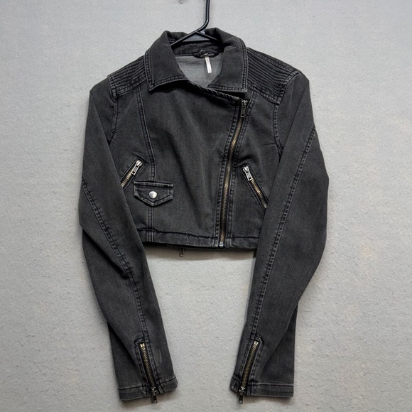 Free People Jackets & Blazers - Free People Womens XS Black Denim Moto Jacket Cropped Biker Asymmetrical Zip